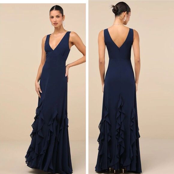 Lulus Alorna Dark Navy Sleeveless Ruffled Maxi Dress Size XS NWT Formal Wedding - Picture 1 of 9